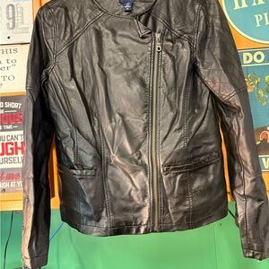 GAP Black Faux Leather Asymmetrical Zip Bomber Jacket